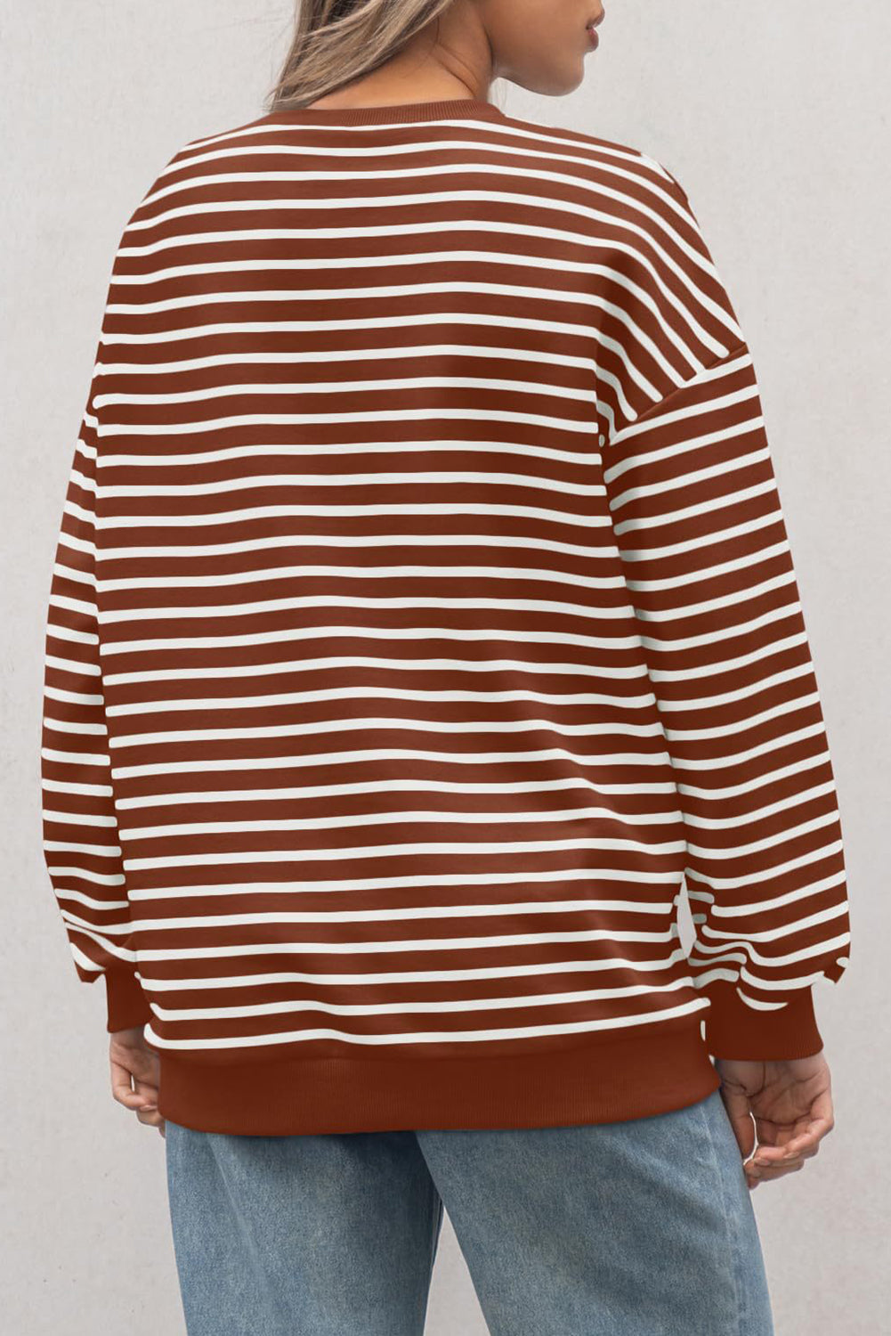 Coffee Striped Long Sleeve Round Neck Loose Top - Bagged Store