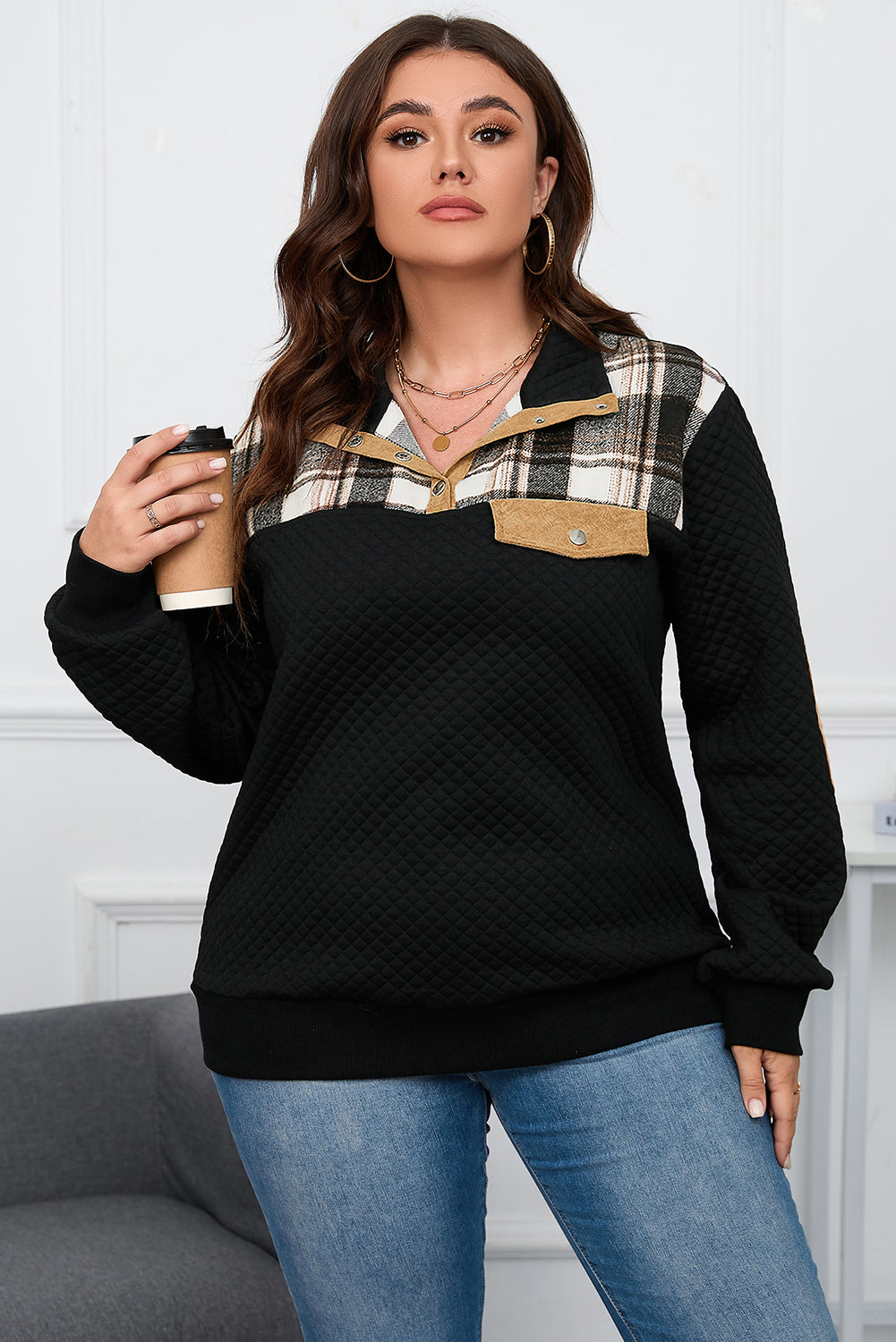 Black Plus Size Quilted Plaid Patch Henley Sweatshirt - Bagged Store