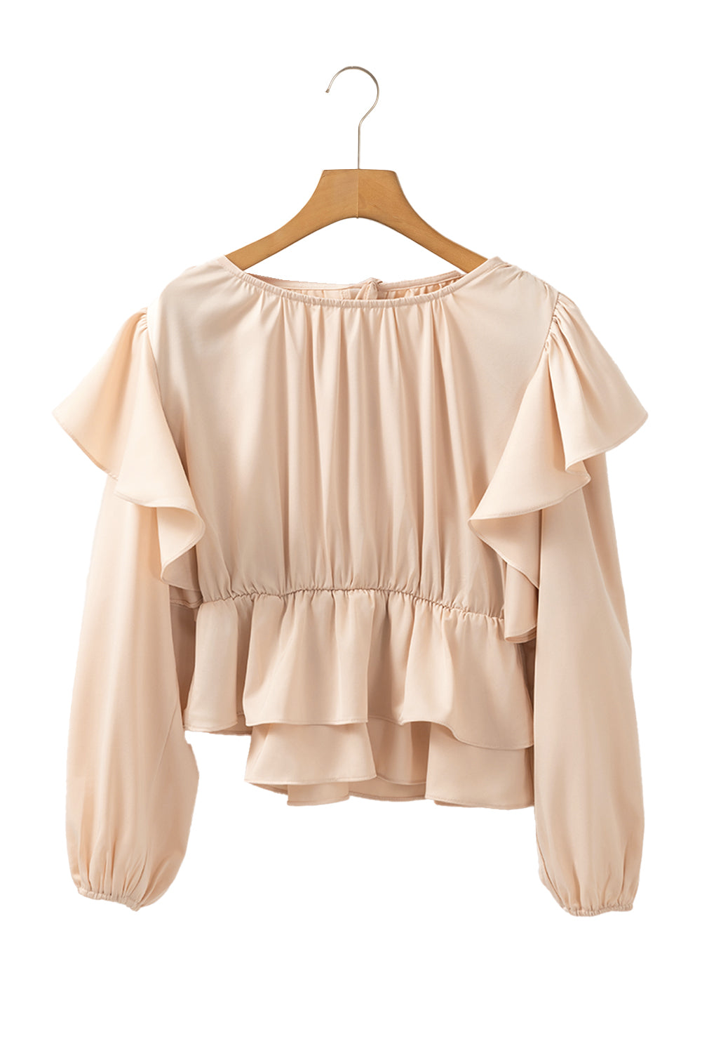 Oatmeal Lace-up Keyhole Back Ruffled Peplum Blouse - Bagged Store