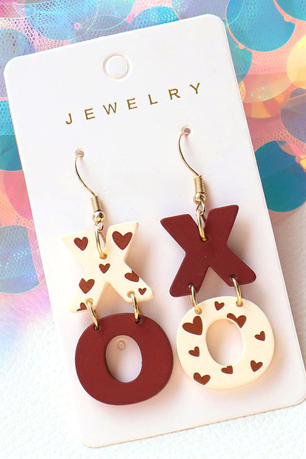 Racing Red Heart Print XOXO Letter Dangle Hook Earrings - Bagged Store