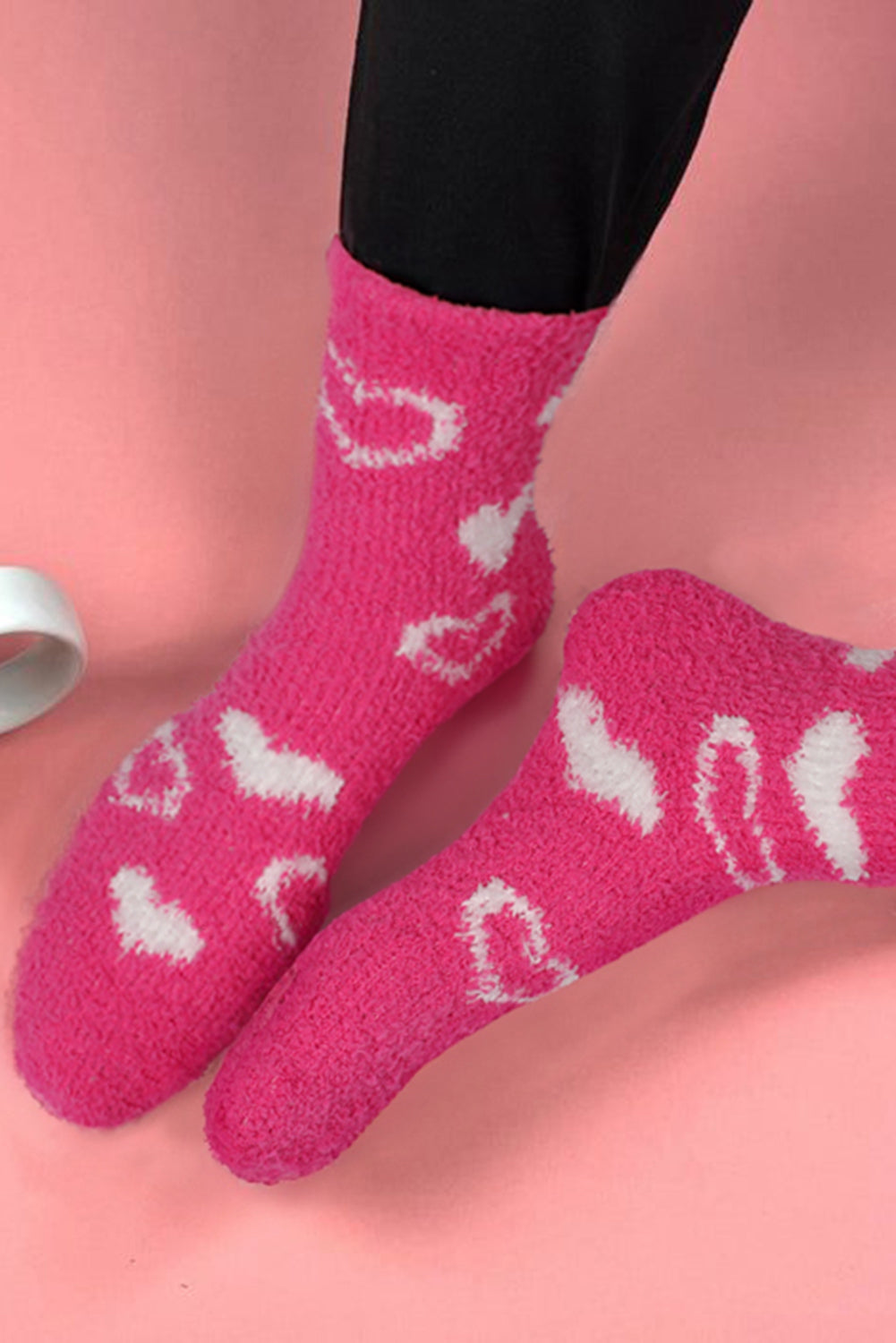 Strawberry Pink Heart Shape Print Coral Fleece Thick Crew Socks - Bagged Store