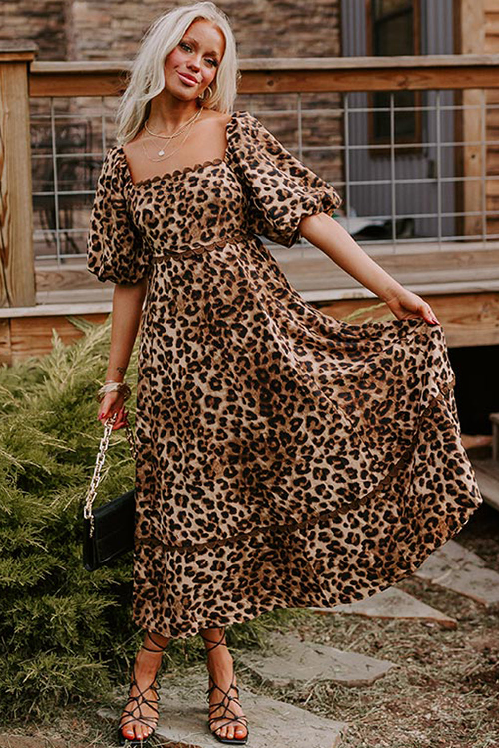 Brown Leopard Print Bubble Sleeve Square Neck Maxi Dress - Bagged Store