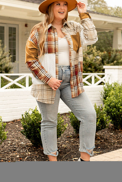 Golden Apricot Plus Size Plaid Patchwork Button up Shacket - Bagged Store