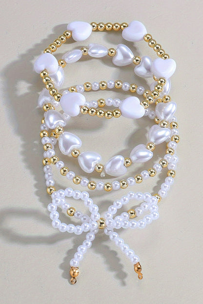 White Bow Knot Heart Shape Faux Pearl Beaded Bracelet Set - Bagged Store