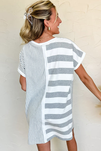 Gray Stripe Mixed Printed Short Sleeve Shift Mini T Shirt Dress - Bagged Store