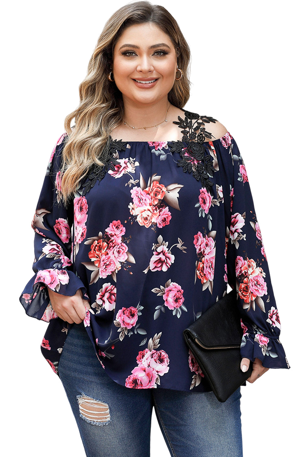 Navy Blue Plus Size Crochet Detail Cold shoulder Floral Blouse - Bagged Store