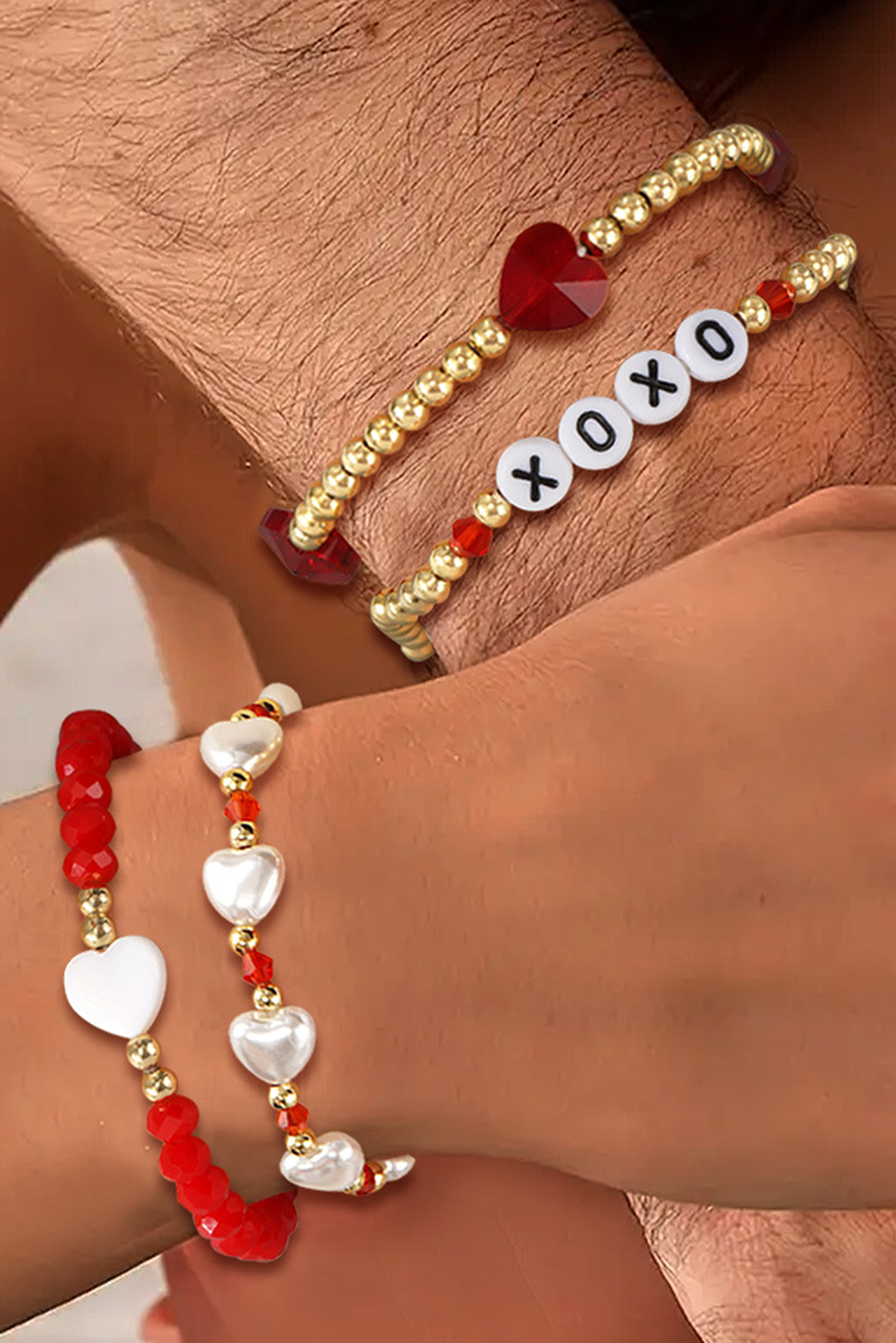 Fiery Red XOXO Heart Beaded 4pcs Layered Bracelet - Bagged Store