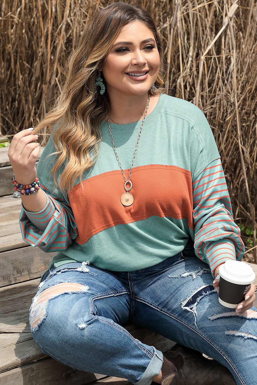 Green Plus Size Striped Long Sleeve Colorblock Tee with Slits - Bagged Store