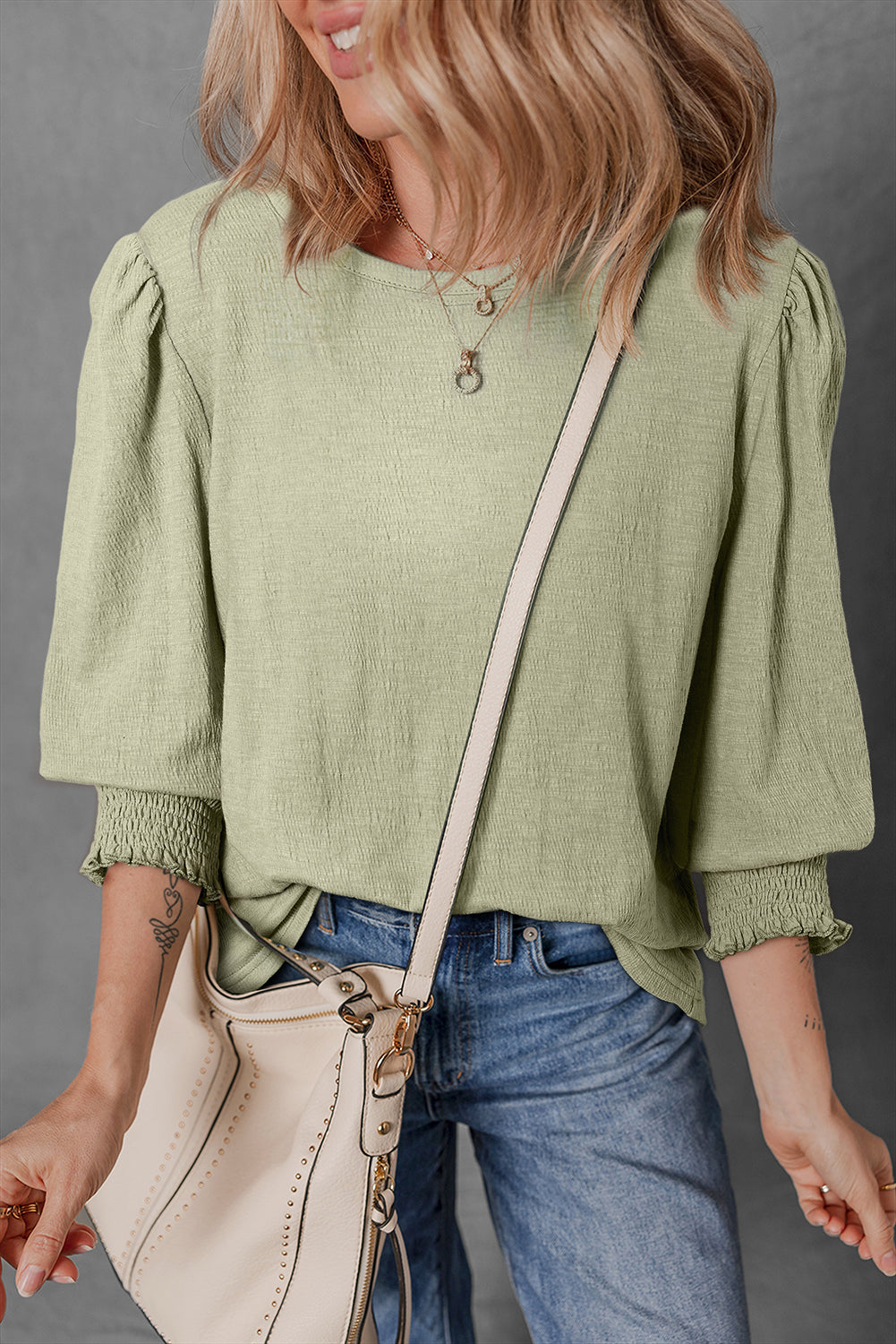 Laurel Green Textured Round Neck Half Sleeve Blouse - Bagged Store