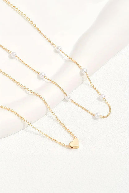 Gold Plated Heart and Pearl Detail 2pcs Layered Necklace - Bagged Store