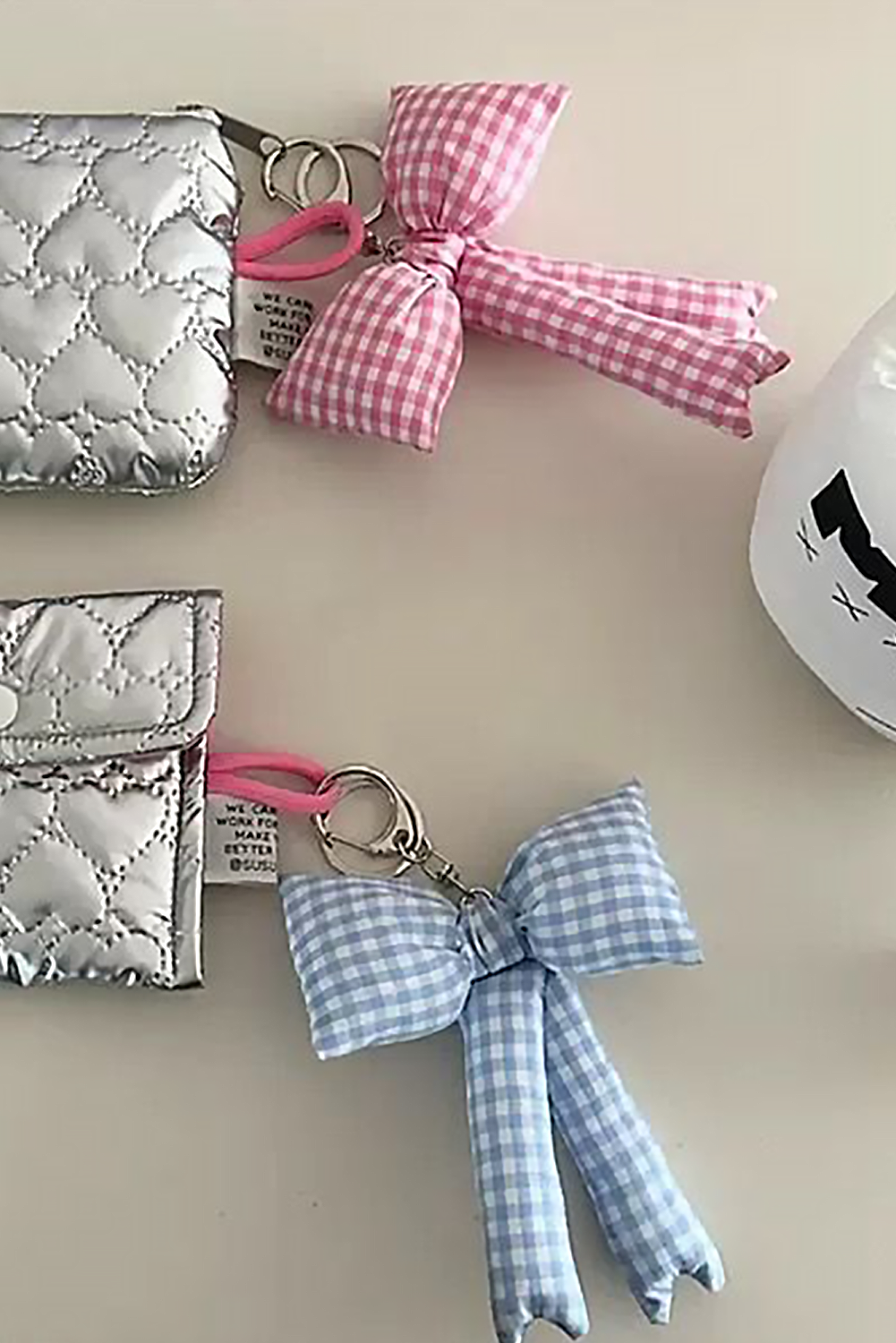 Pink Gingham Puffer Bow Knot Bag Pendant Keychain - Bagged Store