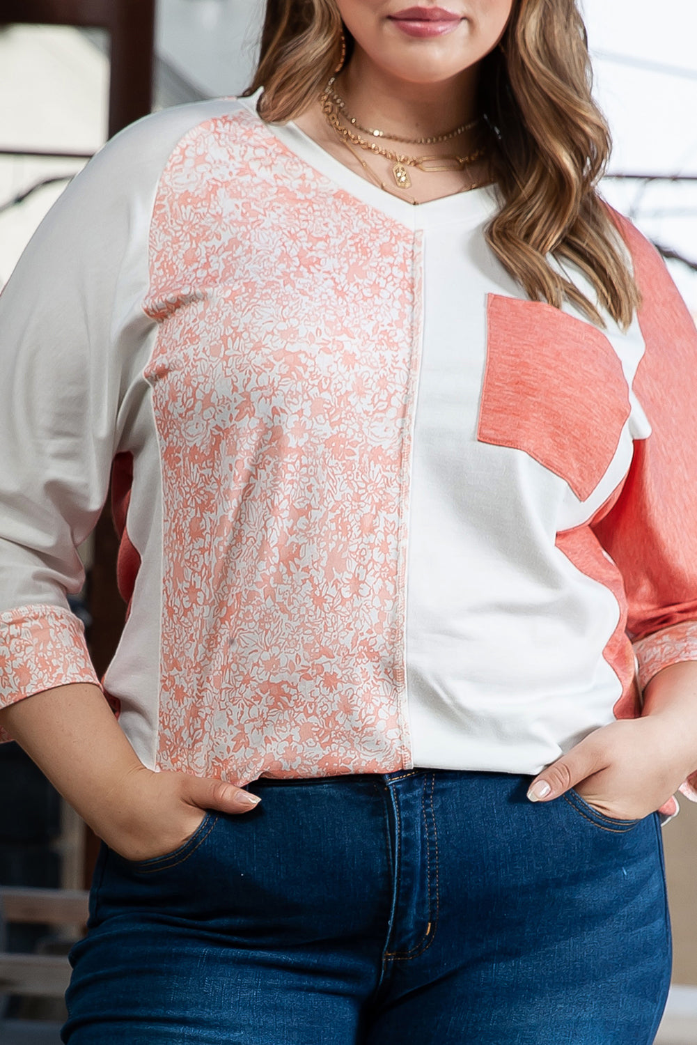 Pink Colorblock Drop Shoulder Bracelet Sleeve Plus Size Top - Bagged Store