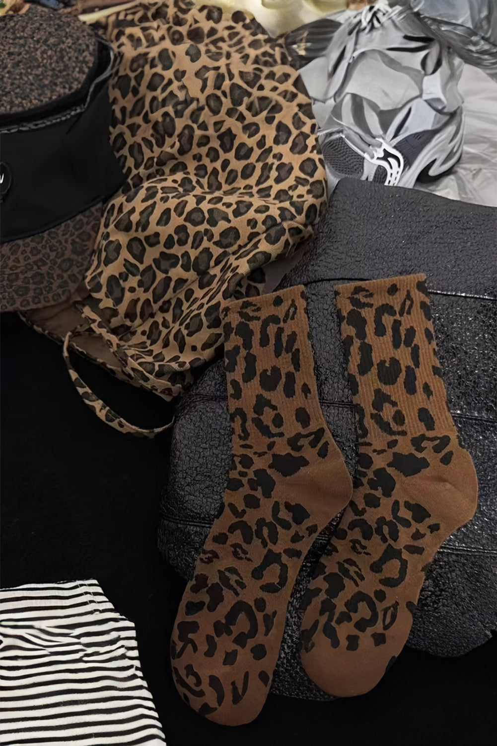 Chestnut Leopard Print Ribbed Crew Socks - Bagged Store