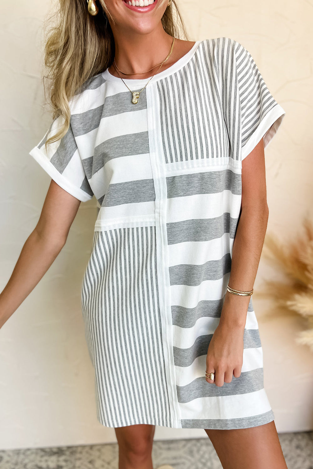 Gray Stripe Mixed Printed Short Sleeve Shift Mini T Shirt Dress - Bagged Store