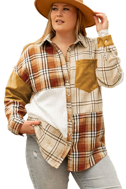 Golden Apricot Plus Size Plaid Patchwork Button up Shacket - Bagged Store