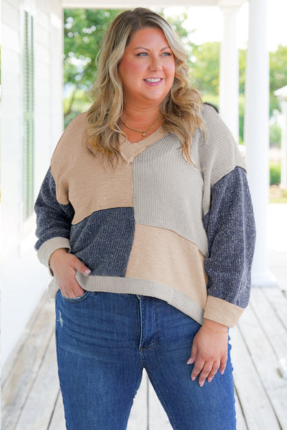 Ashleigh Blue Plus Size Textured Colorblock Patchwork V Neck Top - Bagged Store