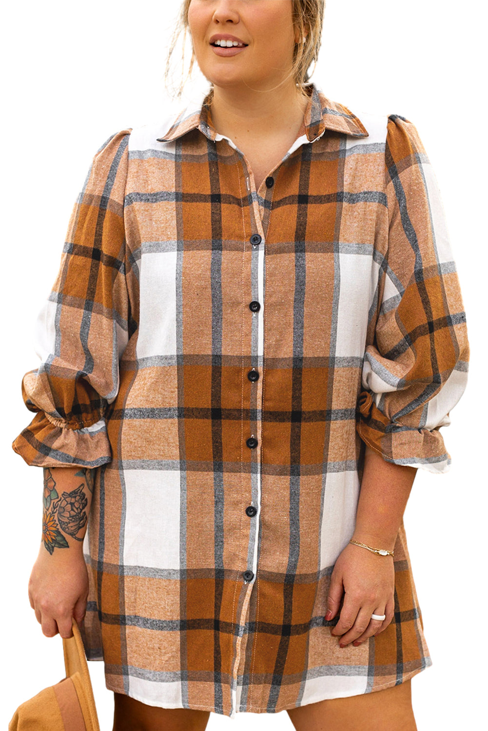 Khaki Plus Size Plaid Flounce Sleeve Button up Shirt Dress - Bagged Store