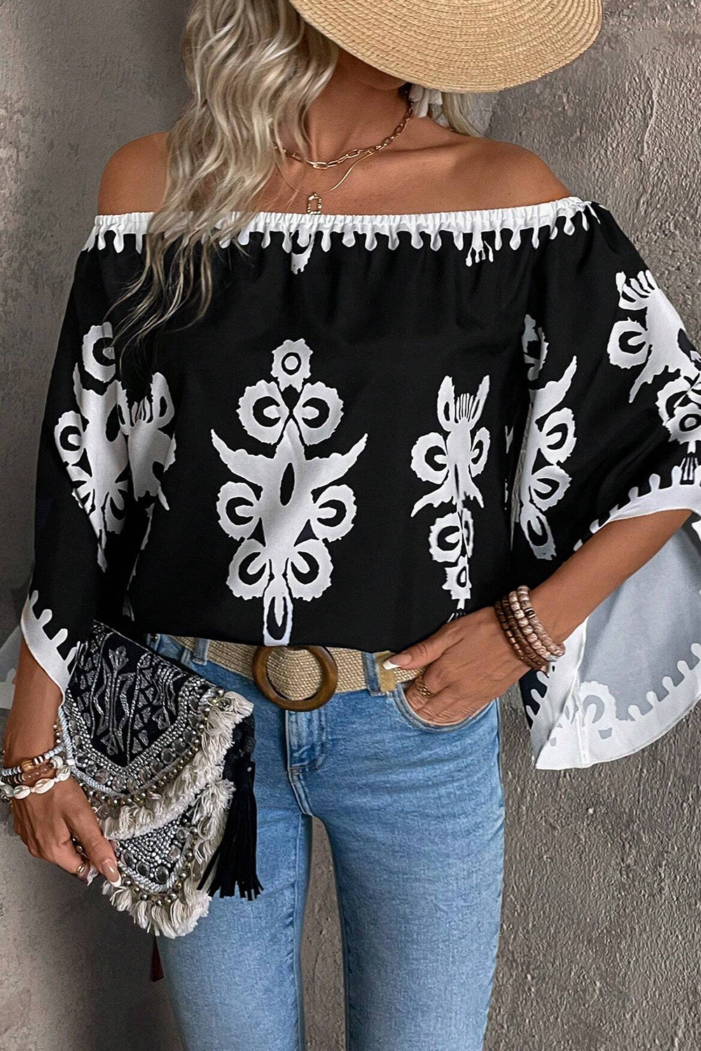 Black Tribal Printed Off Shoulder Loose Sleeve Blouse - Bagged Store