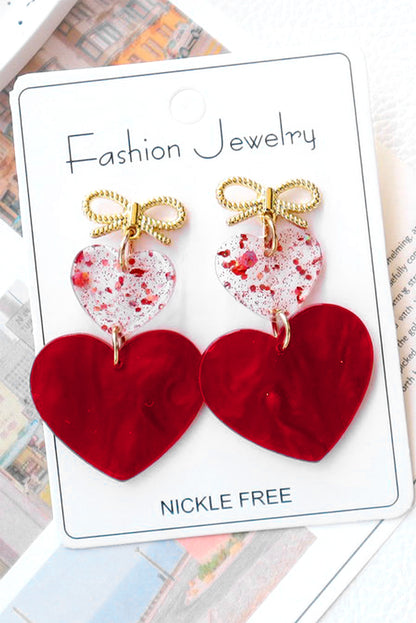 Fiery Red Bow Knot Heart Shape Dangle Earrings - Bagged Store