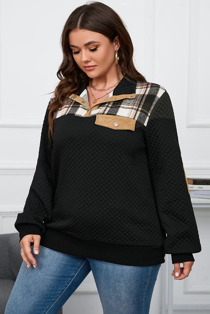 Black Plus Size Quilted Plaid Patch Henley Sweatshirt - Bagged Store