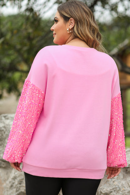 Pink Plus Size Sequin Sleeve Drop Shoulder Sweatshirt - Bagged Store