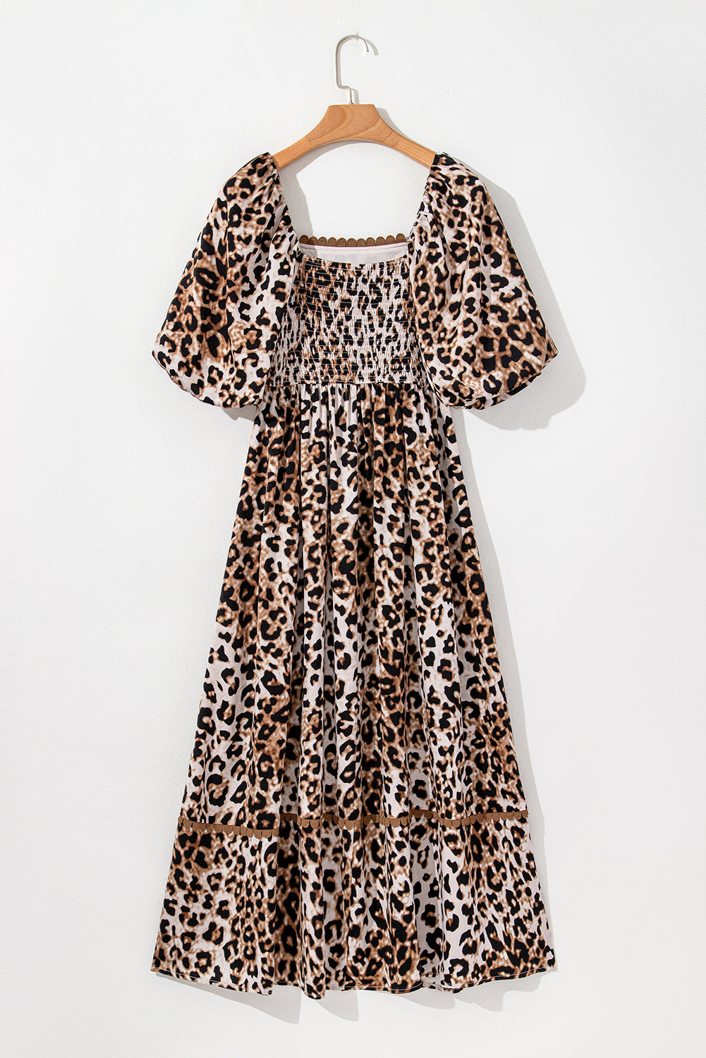 Brown Leopard Print Bubble Sleeve Square Neck Maxi Dress - Bagged Store