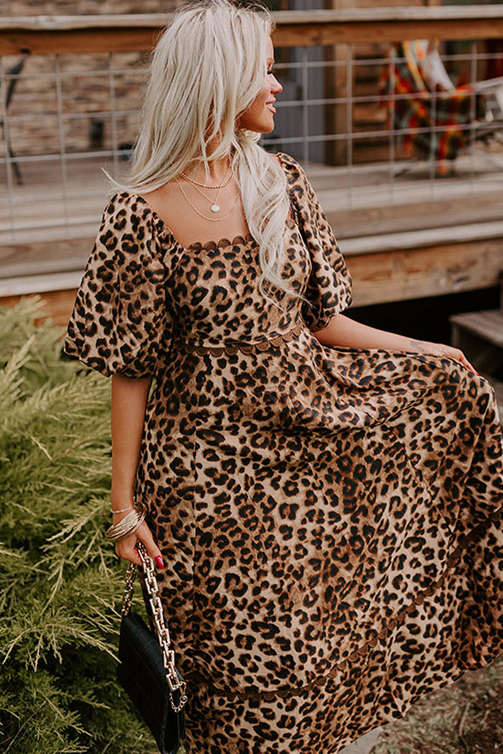 Brown Leopard Print Bubble Sleeve Square Neck Maxi Dress - Bagged Store