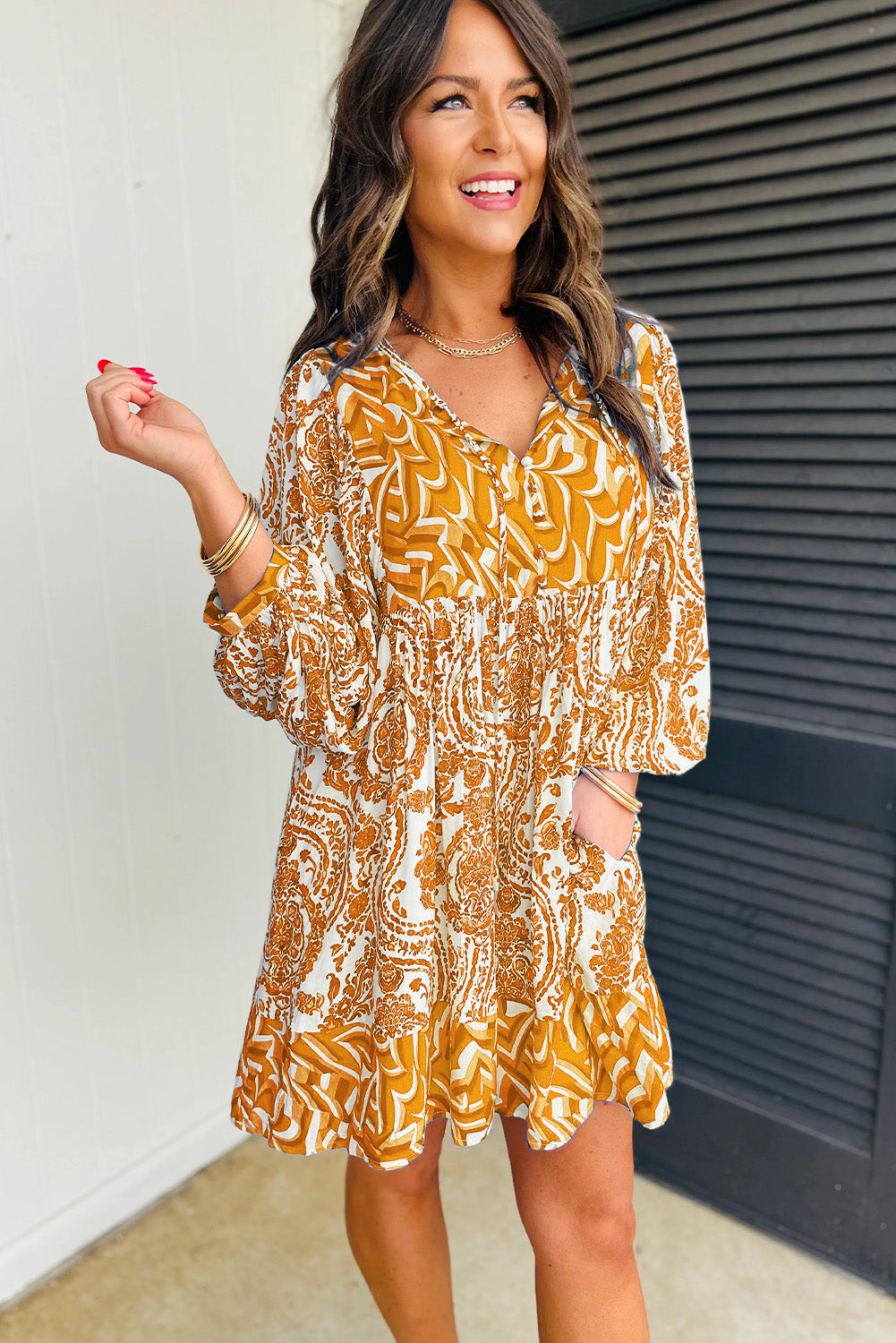 Orange Bohemian Print Puff Sleeve Tied V Neck Flared Mini Dress - Bagged Store