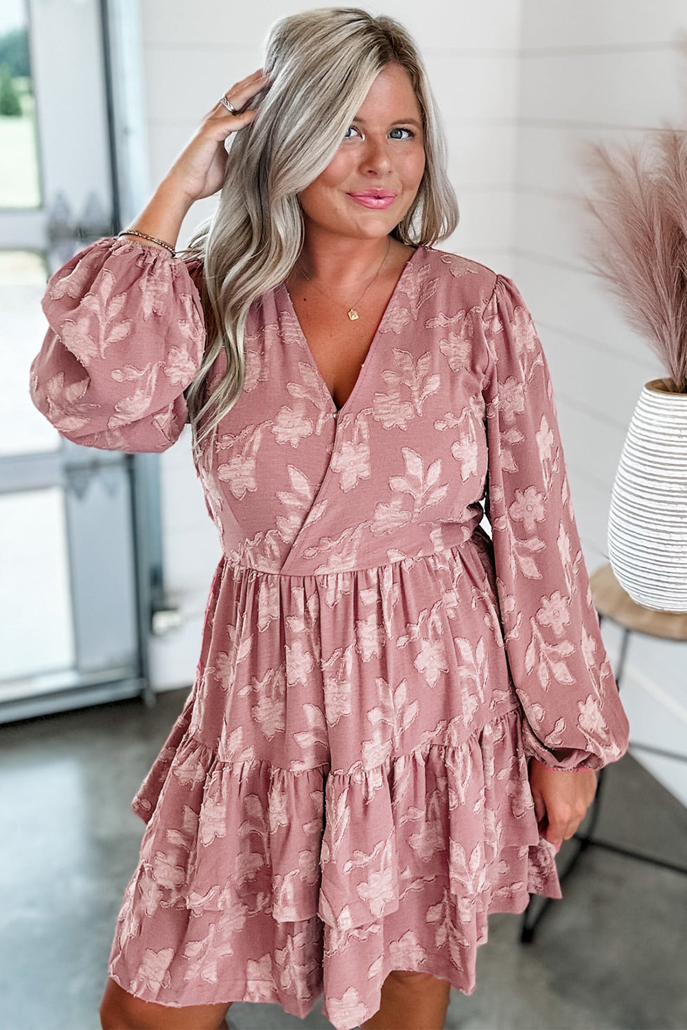 Peach Blossom Floral Surplice V Neck Tiered Ruffled Plus Size Dress - Bagged Store