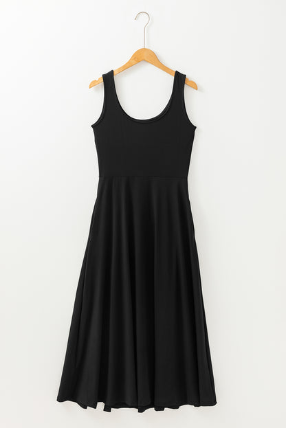 Black Sleeveless Scoop Neck Flared Split Midi Dress - Bagged Store