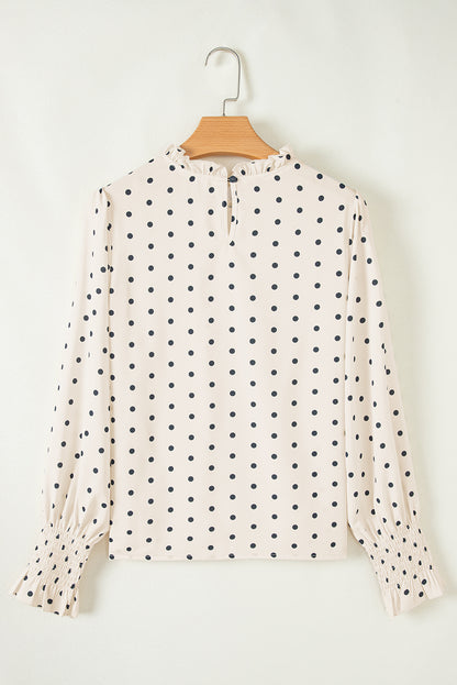 Apricot Polka Dot Print Frilled Collar Lantern Sleeve Blouse - Bagged Store