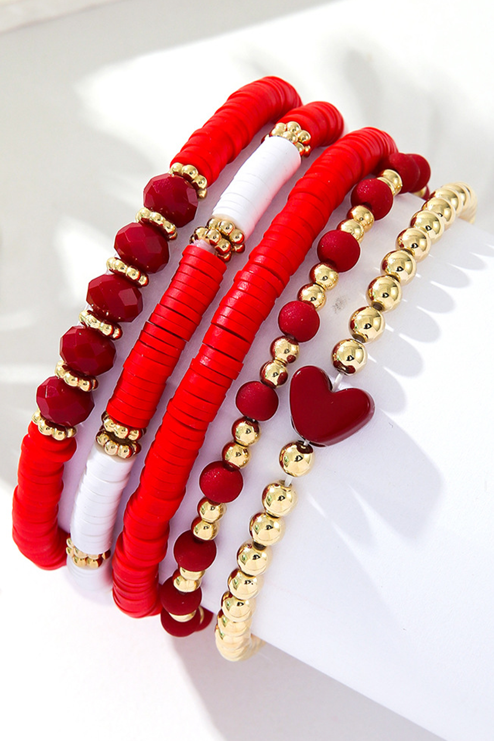 Fiery Red Heart Beaded Multi Layered Elastic Bracelet Set - Bagged Store