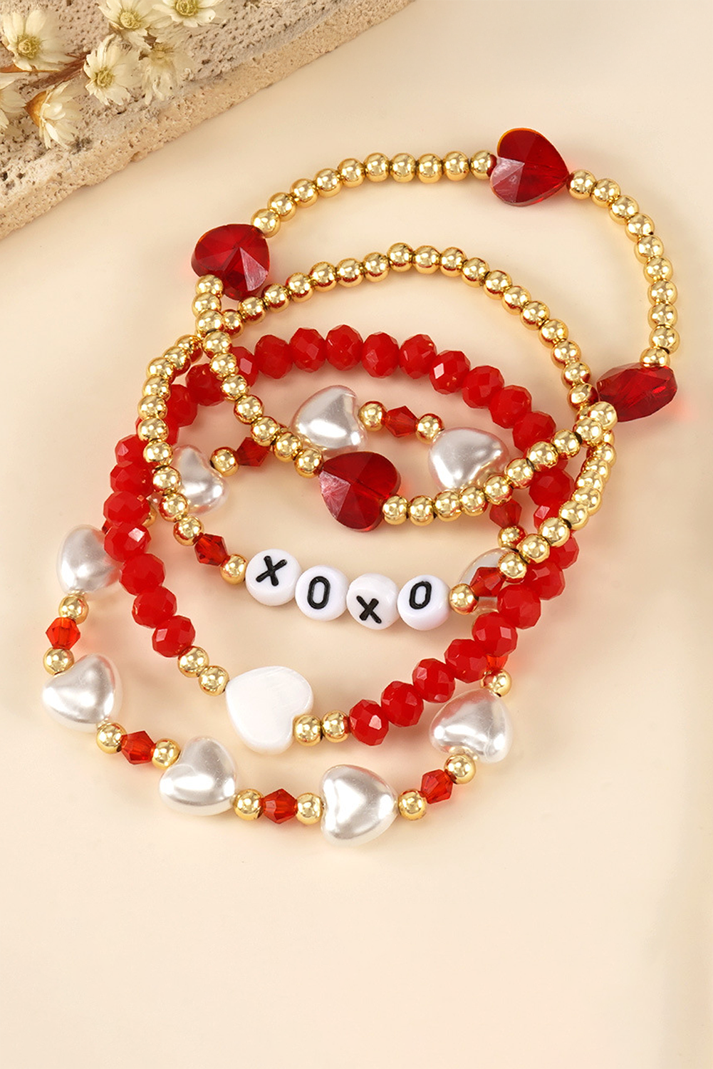 Fiery Red XOXO Heart Beaded 4pcs Layered Bracelet - Bagged Store