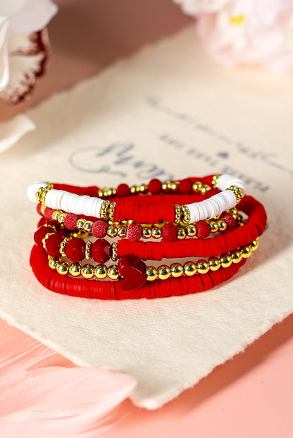 Fiery Red Heart Beaded Multi Layered Elastic Bracelet Set - Bagged Store