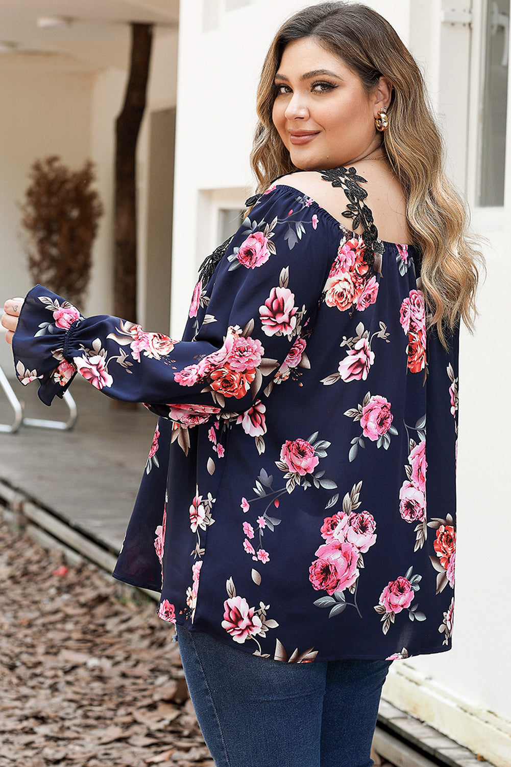 Navy Blue Plus Size Crochet Detail Cold shoulder Floral Blouse - Bagged Store