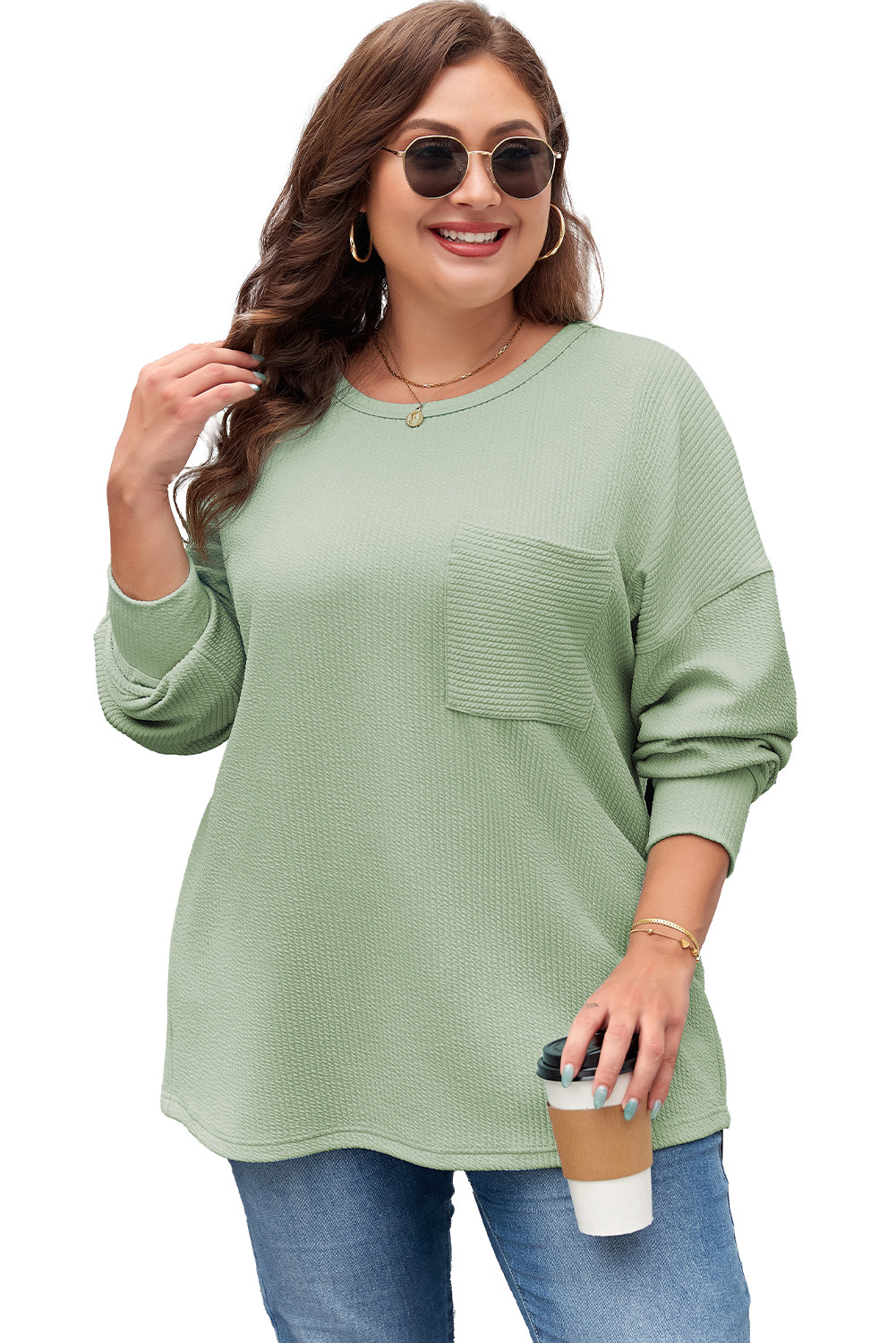 Clearly Aqua Plus Size Corded Knit Pocketed Crew Neck Top - Bagged Store