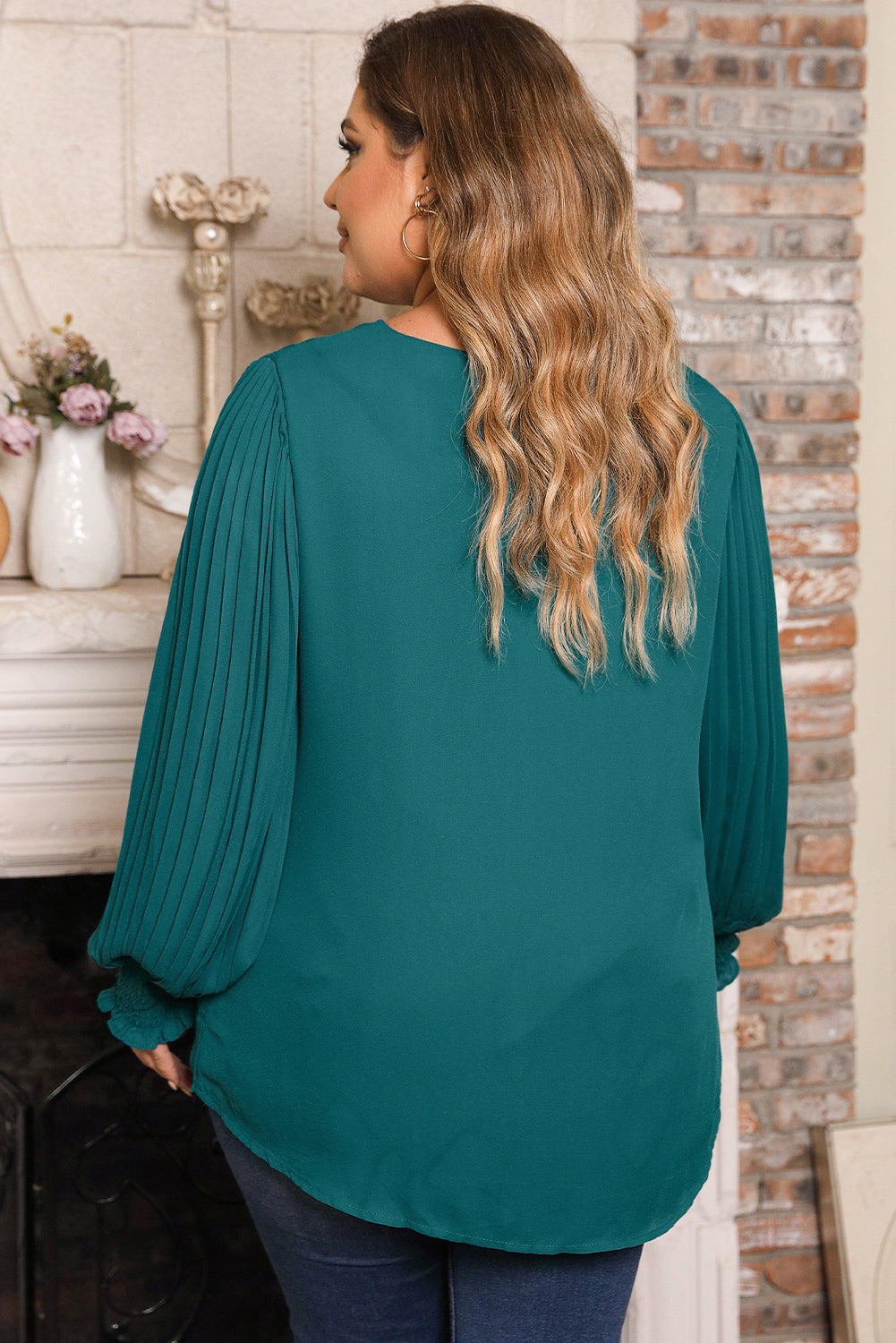 Green Pleated Bubble Sleeve Plus Size Blouse - Bagged Store