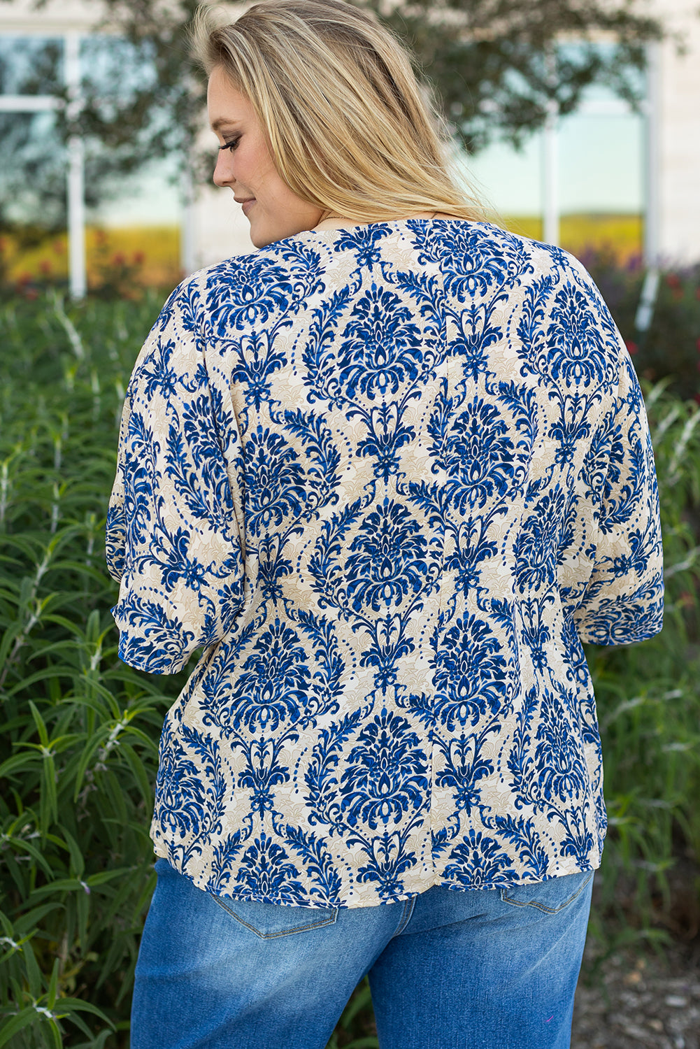 Blue Plus Size Ethnic Printed 3/4 Sleeve V Neck Loose Blouse - Bagged Store