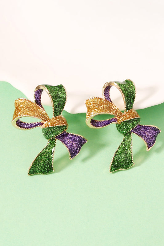 Tillandsia Purple 3D Mardi Gras Bow Dazzling Earrings - Bagged Store