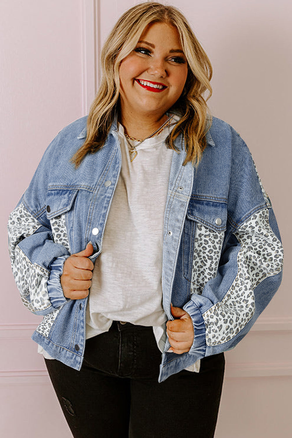 Beau Blue Leopard Patchwork Flap Detail Plus Size Denim Jacket - Bagged Store