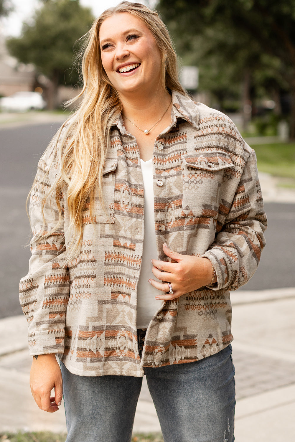 White Aztec Geometric Print Pockets Plus Size Jacket - Bagged Store