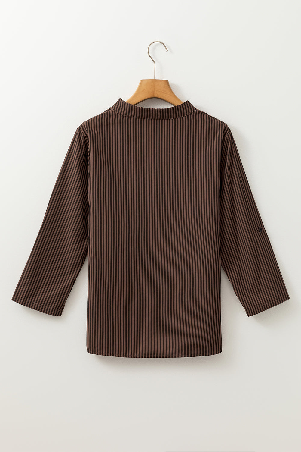 Brown Stripe V Neck Roll Up Sleeve Pocket Patched Classic Shirt - Bagged Store