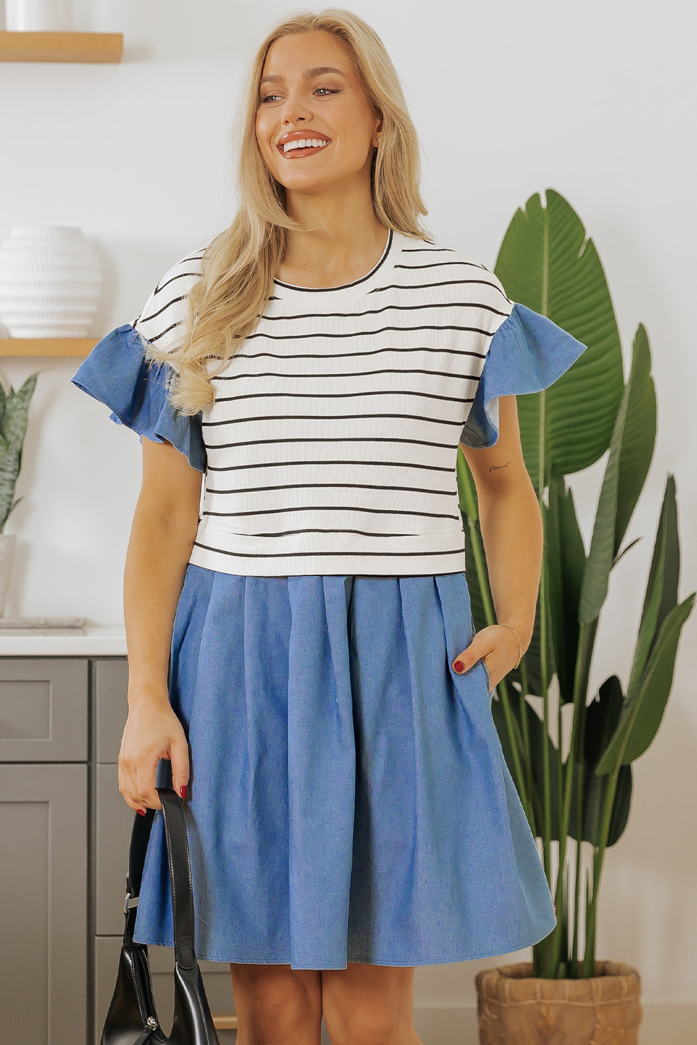 Black Stripe Ruffle Denim Patchwork Round Neck Mini Dress - Bagged Store