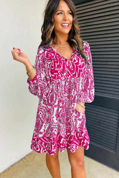 Orange Bohemian Print Puff Sleeve Tied V Neck Flared Mini Dress - Bagged Store