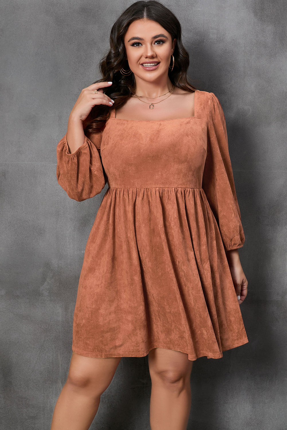 Chestnut Plus Size Suede Square Neck Balloon Sleeve Dress - Bagged Store