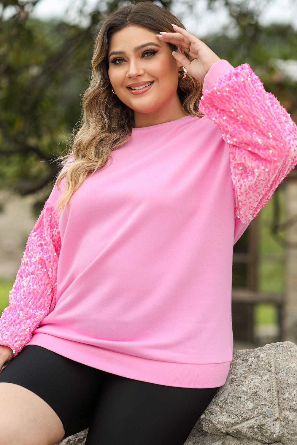 Pink Plus Size Sequin Sleeve Drop Shoulder Sweatshirt - Bagged Store