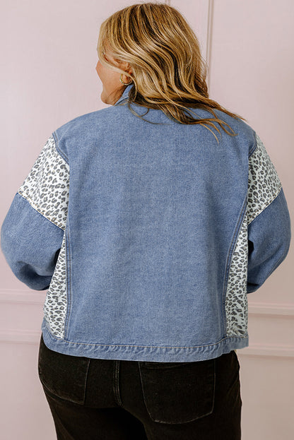 Beau Blue Leopard Patchwork Flap Detail Plus Size Denim Jacket - Bagged Store