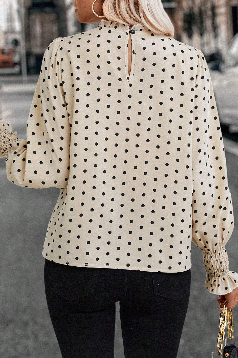 Apricot Polka Dot Print Frilled Collar Lantern Sleeve Blouse - Bagged Store