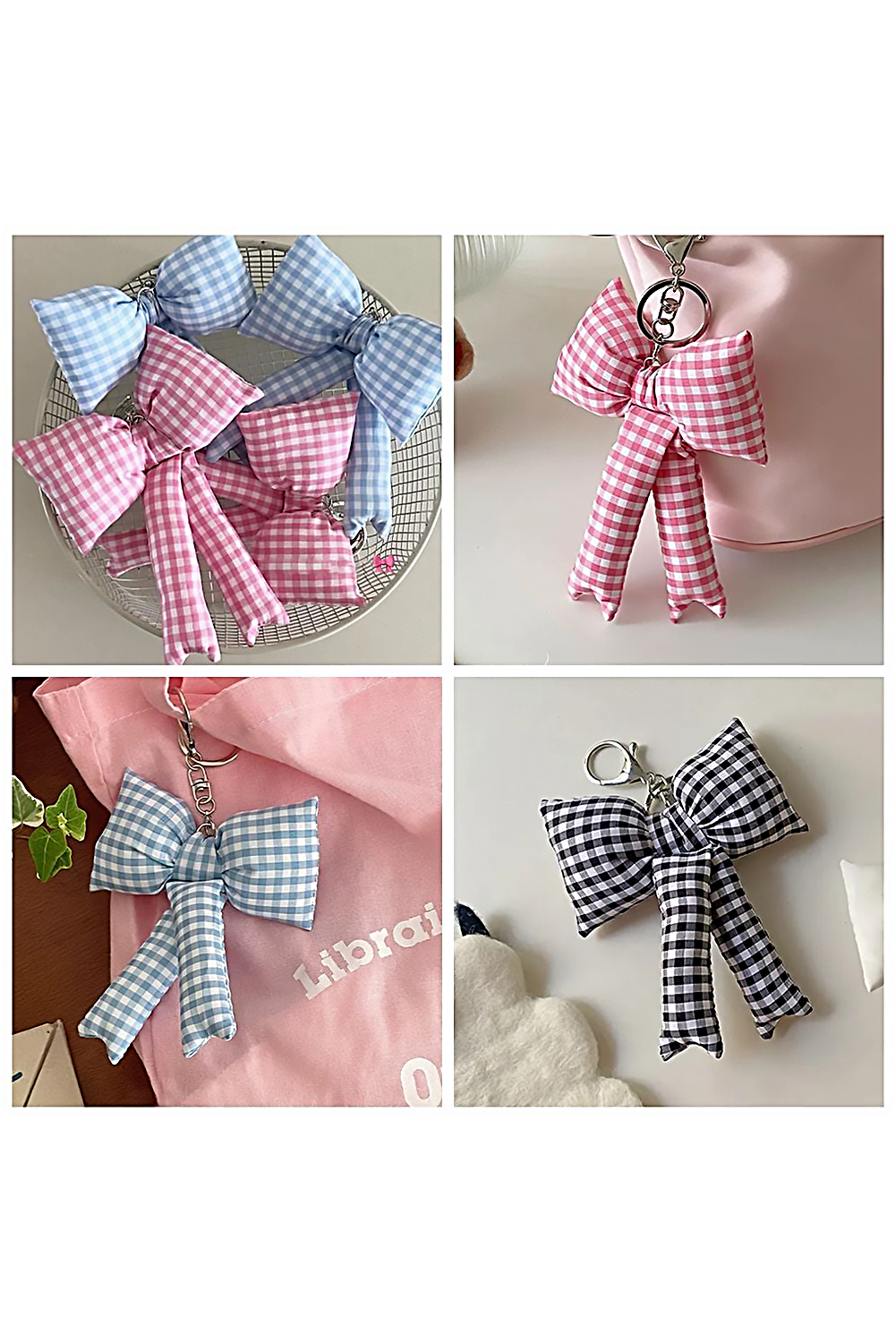 Pink Gingham Puffer Bow Knot Bag Pendant Keychain - Bagged Store