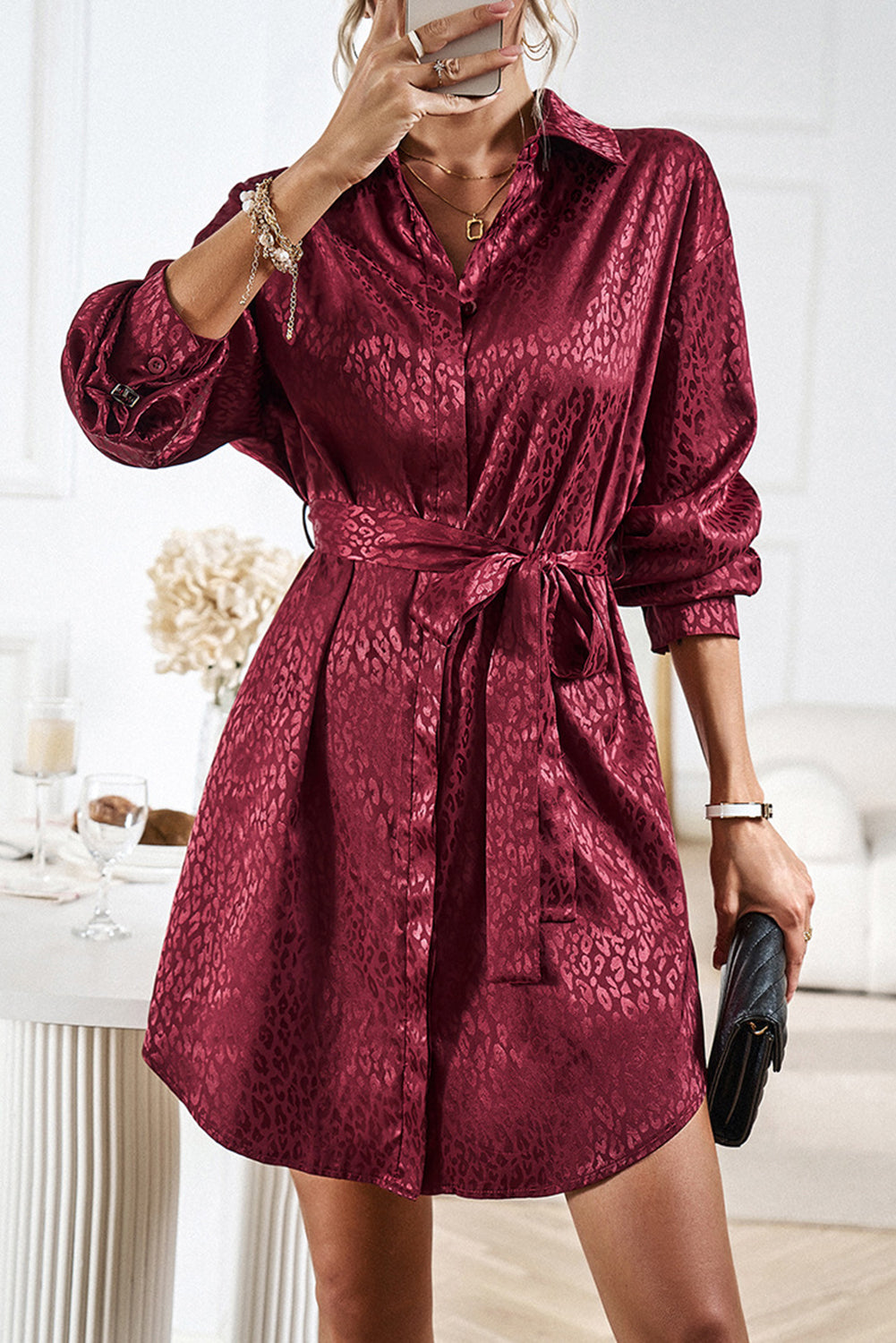 Burgundy Sleek Leopard Long Sleeve Tie Waist Shirt Dress - Bagged Store